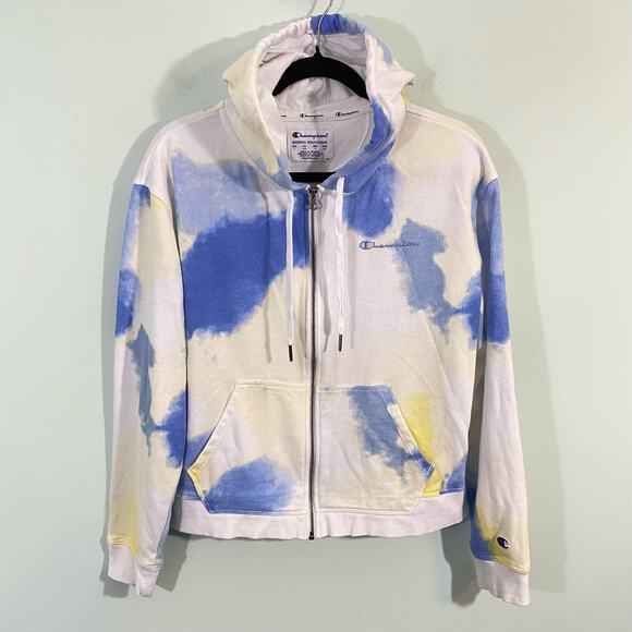 Champion Women's White Blue Yellow Tie Dyed Full Zip Hoodie Size L - Picture 1 of 8